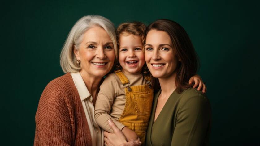 A heartwarming, cinematic studio portrait illustrating Scoresby timeless studio photography for cherished family legacy, featuring a multi-generational Australian family in a warm embrace, bathed in soft, dramatic studio lighting against a deep, elegant backdrop, capturing a moment of profound connection and joy.