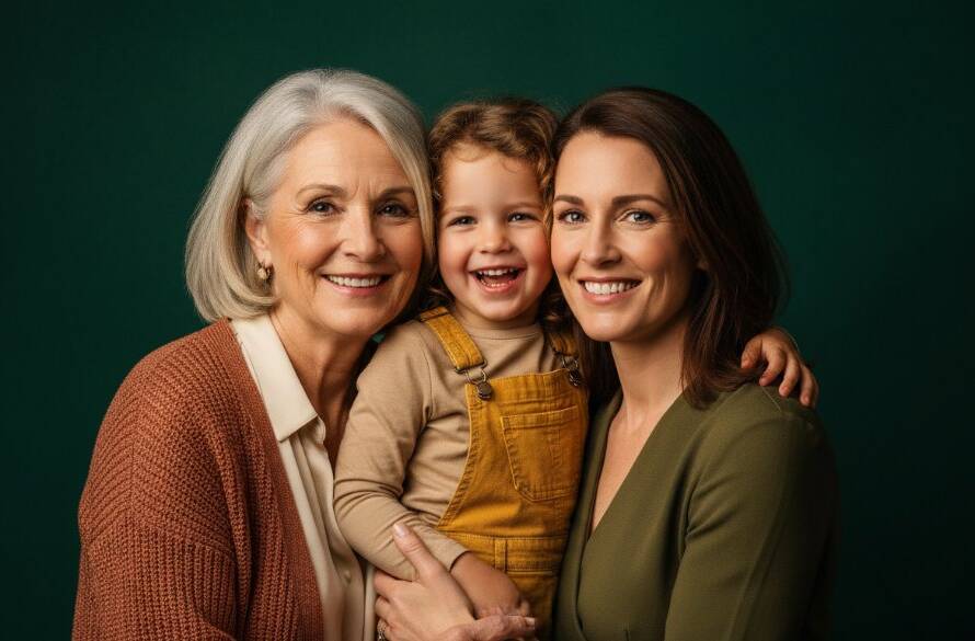 A heartwarming, cinematic studio portrait illustrating Scoresby timeless studio photography for cherished family legacy, featuring a multi-generational Australian family in a warm embrace, bathed in soft, dramatic studio lighting against a deep, elegant backdrop, capturing a moment of profound connection and joy.