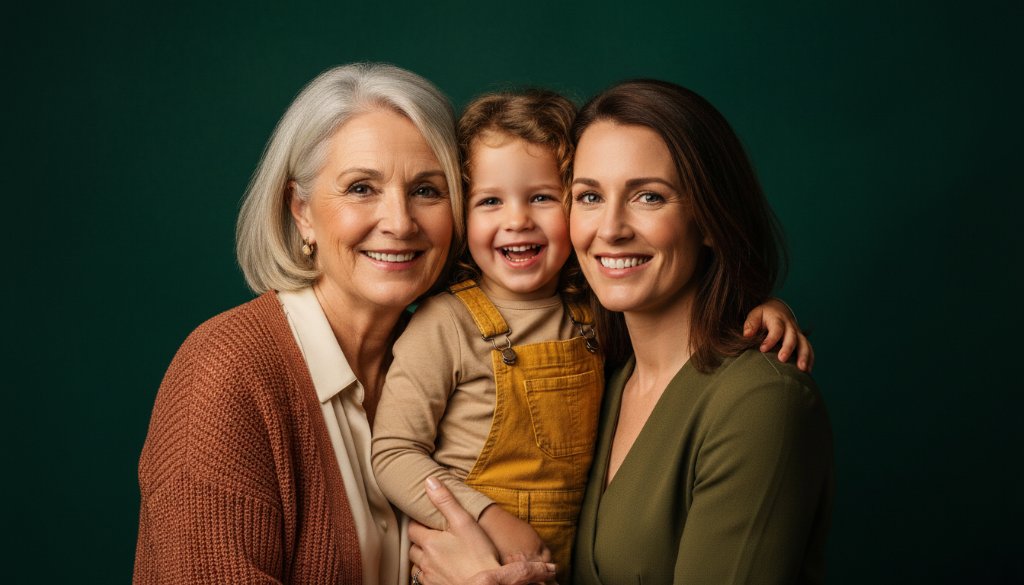 A heartwarming, cinematic studio portrait illustrating Scoresby timeless studio photography for cherished family legacy, featuring a multi-generational Australian family in a warm embrace, bathed in soft, dramatic studio lighting against a deep, elegant backdrop, capturing a moment of profound connection and joy.