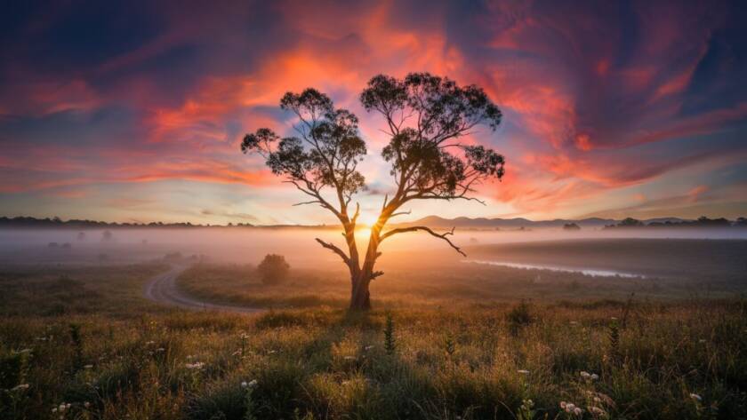 A breathtaking, professionally color-graded wide-angle shot capturing the serene sunrise over Scoresby's natural reserve, showcasing the exquisite beauty of Scoresby Victoria bespoke fine art nature photography, with golden light illuminating a lone, ancient gum tree amidst a gentle mist, embodying a quiet, epic moment of natural artistry.