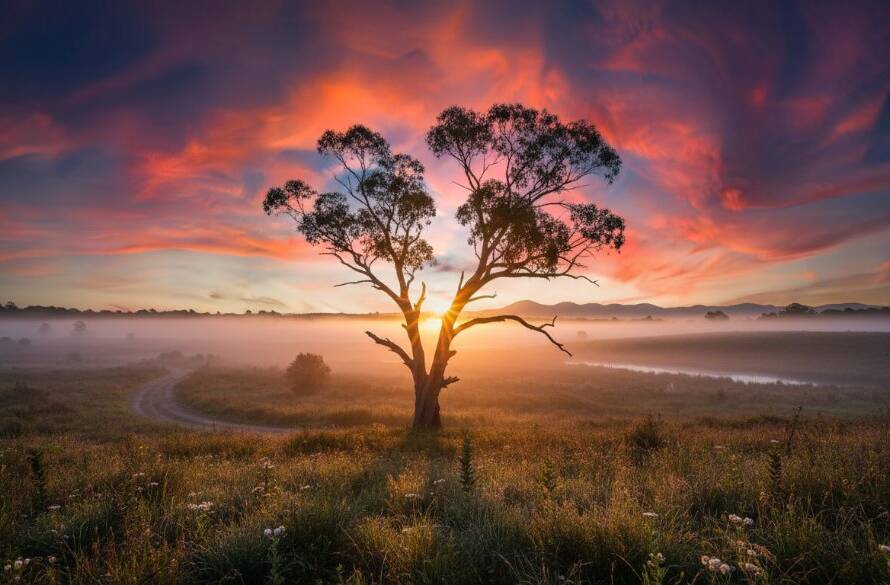 A breathtaking, professionally color-graded wide-angle shot capturing the serene sunrise over Scoresby's natural reserve, showcasing the exquisite beauty of Scoresby Victoria bespoke fine art nature photography, with golden light illuminating a lone, ancient gum tree amidst a gentle mist, embodying a quiet, epic moment of natural artistry.