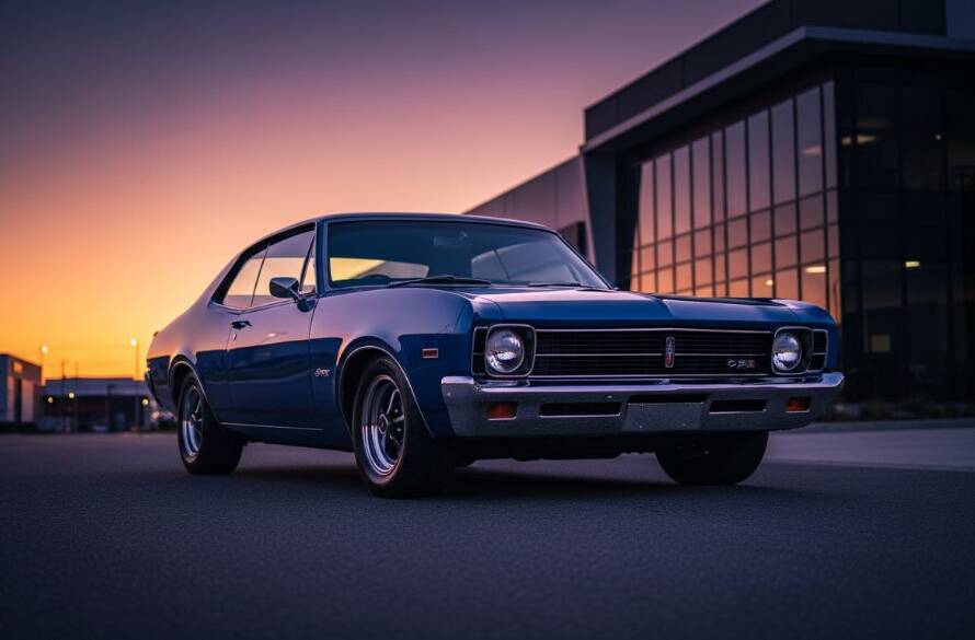 Dramatic wide shot of a pristine 1960s Australian muscle car, bathed in the golden hour light of Scoresby, Victoria, during a Scoresby Victoria classic car photography session, wheels slightly turned, reflecting the glow on its polished chrome.