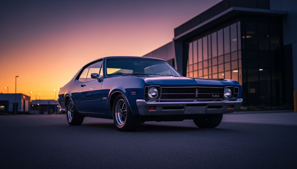 Dramatic wide shot of a pristine 1960s Australian muscle car, bathed in the golden hour light of Scoresby, Victoria, during a Scoresby Victoria classic car photography session, wheels slightly turned, reflecting the glow on its polished chrome.