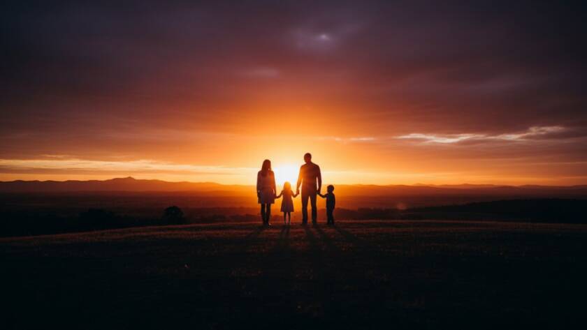 A breathtaking Scoresby Victoria fine art photography heirloom portraits capture of a family silhouetted against a dramatic sunset over Dandenong Ranges, evoking a sense of timeless legacy and connection.