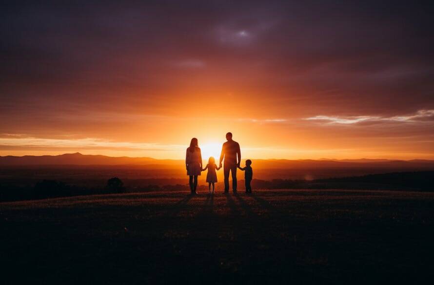 A breathtaking Scoresby Victoria fine art photography heirloom portraits capture of a family silhouetted against a dramatic sunset over Dandenong Ranges, evoking a sense of timeless legacy and connection.