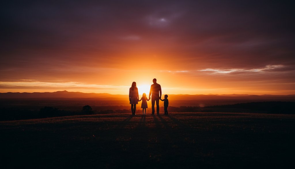 A breathtaking Scoresby Victoria fine art photography heirloom portraits capture of a family silhouetted against a dramatic sunset over Dandenong Ranges, evoking a sense of timeless legacy and connection.