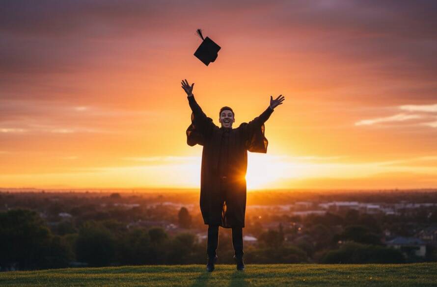 A joyous graduate in Scoresby, Victoria, celebrating an epic moment of success with a triumphant pose, cap thrown in the air against a vibrant sunset, embodying professional graduation photography.