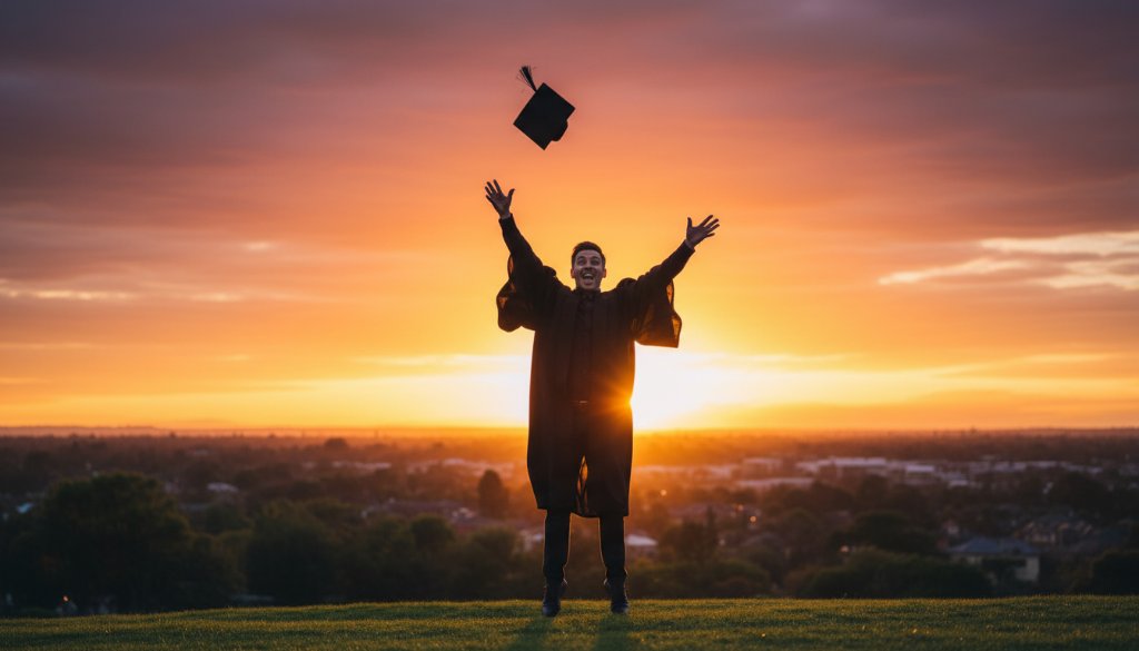 A joyous graduate in Scoresby, Victoria, celebrating an epic moment of success with a triumphant pose, cap thrown in the air against a vibrant sunset, embodying professional graduation photography.