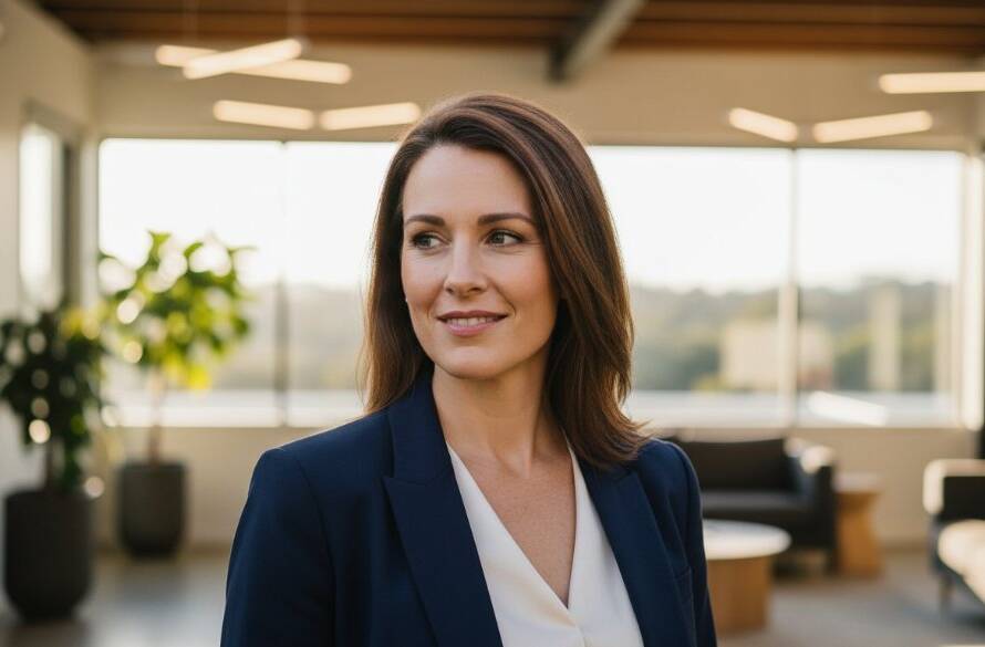 A confident business professional, mid-laughter, captured in a sun-drenched Scoresby Victoria professional headshot photography session, conveying approachability and expertise.