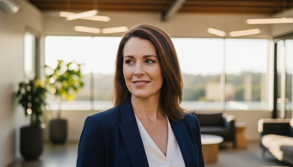 A confident business professional, mid-laughter, captured in a sun-drenched Scoresby Victoria professional headshot photography session, conveying approachability and expertise.