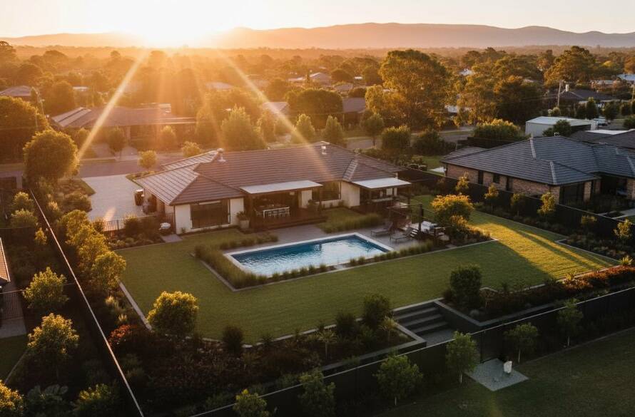 An epic aerial shot of a modern home nestled amongst lush gardens in Scoresby, Victoria, showcasing the property from a unique elevated perspective, captured using Scoresby Victoria property drone photography with dramatic sunset light.