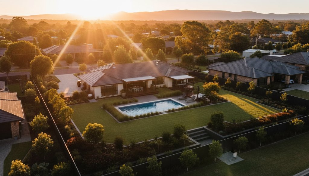 An epic aerial shot of a modern home nestled amongst lush gardens in Scoresby, Victoria, showcasing the property from a unique elevated perspective, captured using Scoresby Victoria property drone photography with dramatic sunset light.