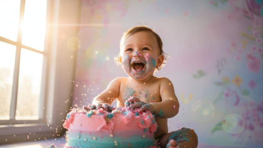 A joyous toddler with frosting on their face, mid-laugh, surrounded by a colourful cake smash setup in a sun-drenched Scoresby studio, perfectly capturing Scoresby Victoria vibrant first birthday cake smash photos with dramatic lighting.