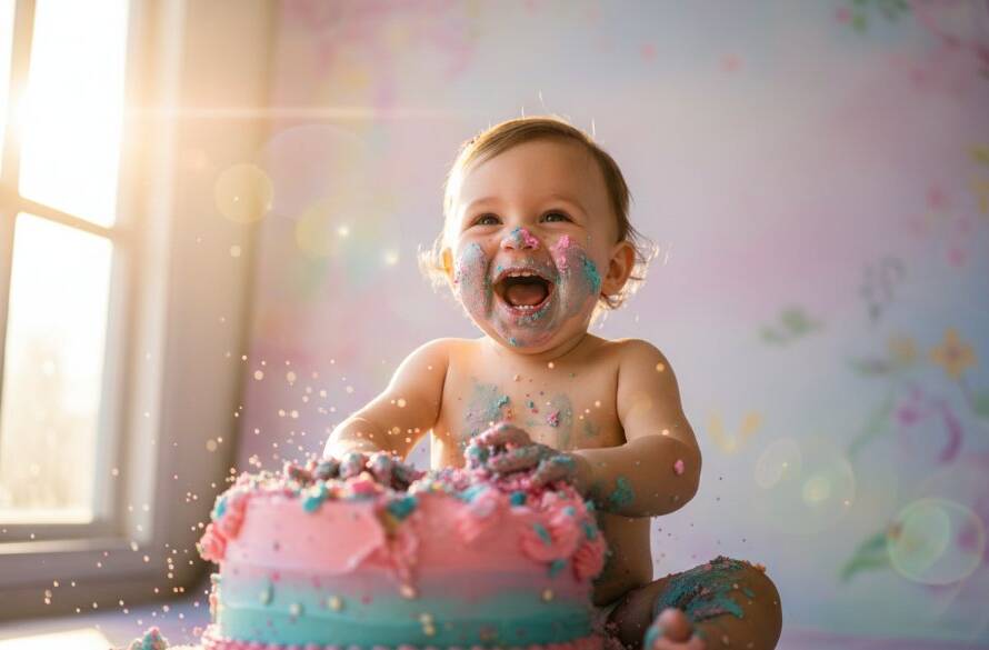 A joyous toddler with frosting on their face, mid-laugh, surrounded by a colourful cake smash setup in a sun-drenched Scoresby studio, perfectly capturing Scoresby Victoria vibrant first birthday cake smash photos with dramatic lighting.