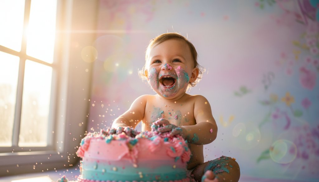 A joyous toddler with frosting on their face, mid-laugh, surrounded by a colourful cake smash setup in a sun-drenched Scoresby studio, perfectly capturing Scoresby Victoria vibrant first birthday cake smash photos with dramatic lighting.