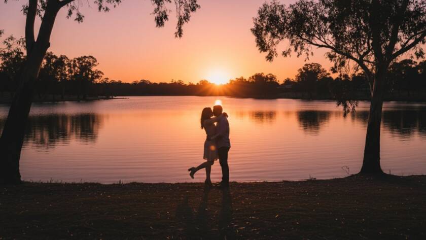 A dramatic wide-angle shot capturing a couple embracing passionately at one of Scoresby Victorian Lakeside Engagement Photo Spots, with the vibrant colours of a setting sun reflecting on the water, highlighting their silhouetted forms against a picturesque, golden-hour sky, evoking an epic and romantic atmosphere.