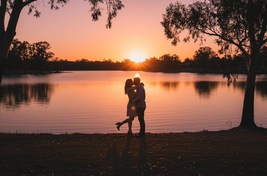 A dramatic wide-angle shot capturing a couple embracing passionately at one of Scoresby Victorian Lakeside Engagement Photo Spots, with the vibrant colours of a setting sun reflecting on the water, highlighting their silhouetted forms against a picturesque, golden-hour sky, evoking an epic and romantic atmosphere.