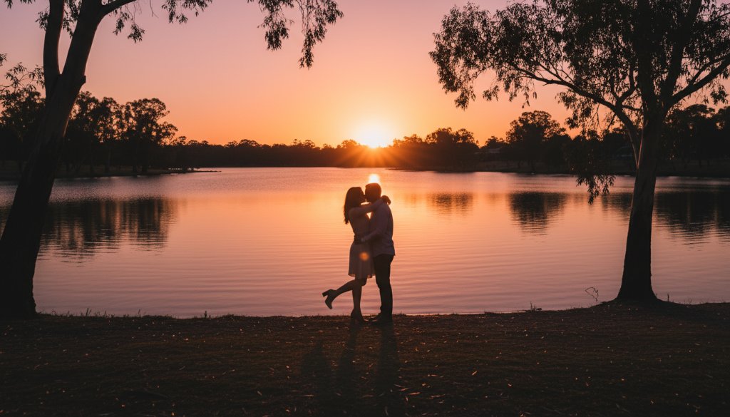 A dramatic wide-angle shot capturing a couple embracing passionately at one of Scoresby Victorian Lakeside Engagement Photo Spots, with the vibrant colours of a setting sun reflecting on the water, highlighting their silhouetted forms against a picturesque, golden-hour sky, evoking an epic and romantic atmosphere.