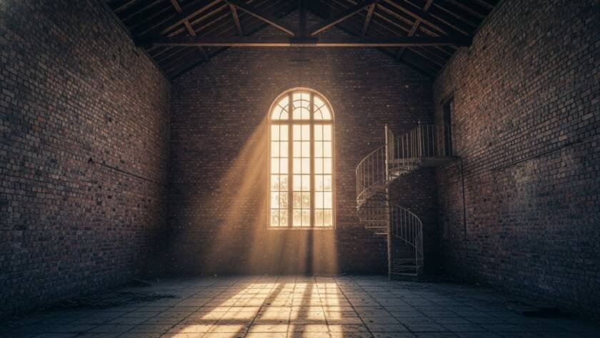 Dramatic morning light streaming into a vast, empty Scoresby Victorian warehouse architecture photography shot, highlighting the aged brickwork, exposed timber beams, and industrial windows, with dust motes dancing in the golden rays, conveying a sense of historical grandeur and raw beauty.
