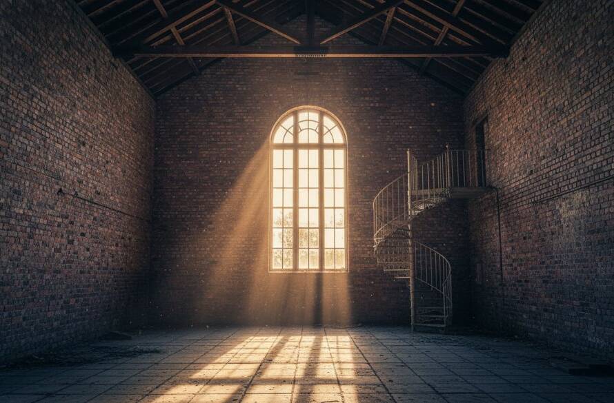 Dramatic morning light streaming into a vast, empty Scoresby Victorian warehouse architecture photography shot, highlighting the aged brickwork, exposed timber beams, and industrial windows, with dust motes dancing in the golden rays, conveying a sense of historical grandeur and raw beauty.
