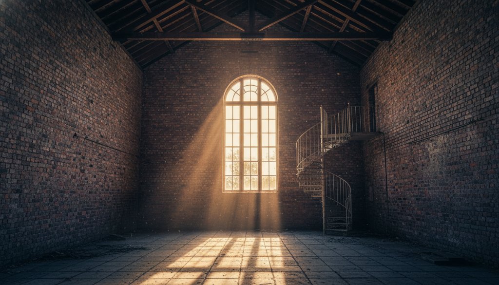Dramatic morning light streaming into a vast, empty Scoresby Victorian warehouse architecture photography shot, highlighting the aged brickwork, exposed timber beams, and industrial windows, with dust motes dancing in the golden rays, conveying a sense of historical grandeur and raw beauty.