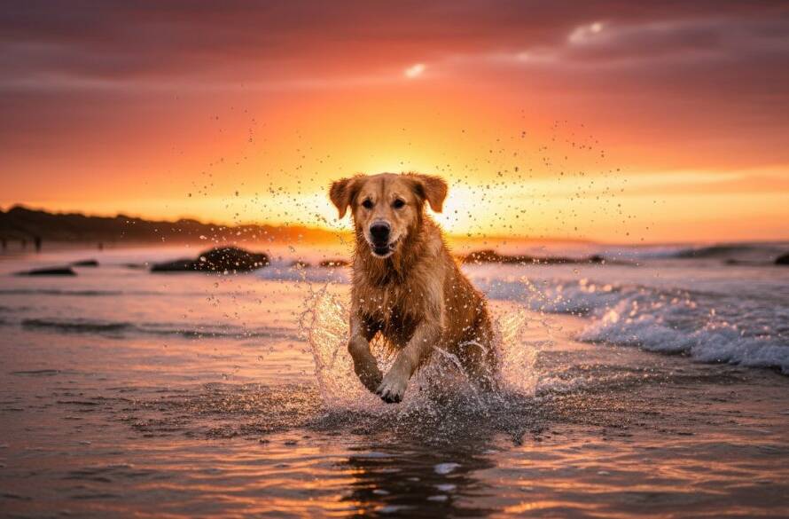 A breathtaking, wide-angle professional photograph capturing an 'epic moment' of a golden retriever joyfully leaping through the shallow waves at Seabrook dog beach during sunset, its fur glowing with golden light, embodying Seabrook dog beach photography capturing pet joy.