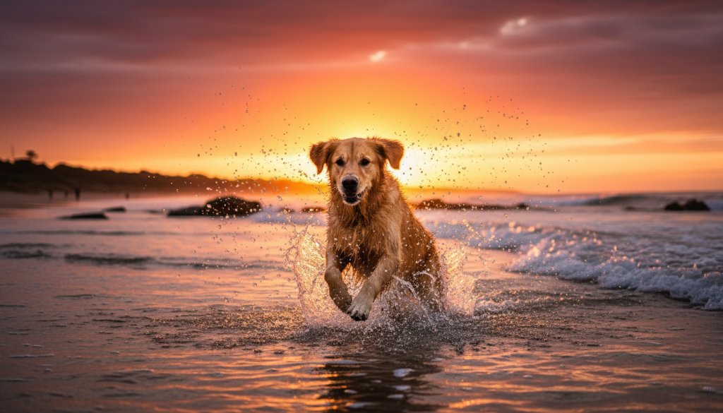 A breathtaking, wide-angle professional photograph capturing an 'epic moment' of a golden retriever joyfully leaping through the shallow waves at Seabrook dog beach during sunset, its fur glowing with golden light, embodying Seabrook dog beach photography capturing pet joy.