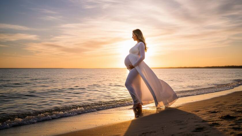 Dramatic close-up of a pregnant woman in a flowing gown at sunset during Seabrook elegant beach maternity photoshoots, standing gracefully on the sandy shore with the golden sun setting over Port Phillip Bay, soft light highlighting her baby bump, captured from a low angle with professional color grading.