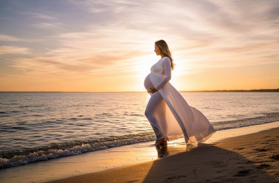 Dramatic close-up of a pregnant woman in a flowing gown at sunset during Seabrook elegant beach maternity photoshoots, standing gracefully on the sandy shore with the golden sun setting over Port Phillip Bay, soft light highlighting her baby bump, captured from a low angle with professional color grading.