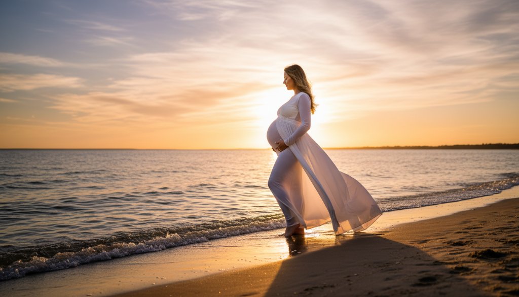 Dramatic close-up of a pregnant woman in a flowing gown at sunset during Seabrook elegant beach maternity photoshoots, standing gracefully on the sandy shore with the golden sun setting over Port Phillip Bay, soft light highlighting her baby bump, captured from a low angle with professional color grading.