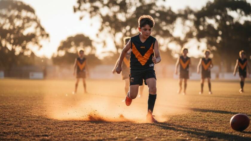 Dynamic action shot of a young athlete celebrating a goal during a junior football match in Seabrook, Victoria, showcasing expert Seabrook junior sports photography capturing peak action with dramatic lighting.