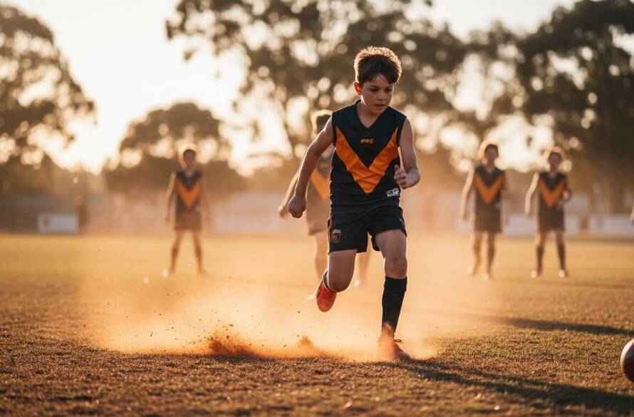 Dynamic action shot of a young athlete celebrating a goal during a junior football match in Seabrook, Victoria, showcasing expert Seabrook junior sports photography capturing peak action with dramatic lighting.