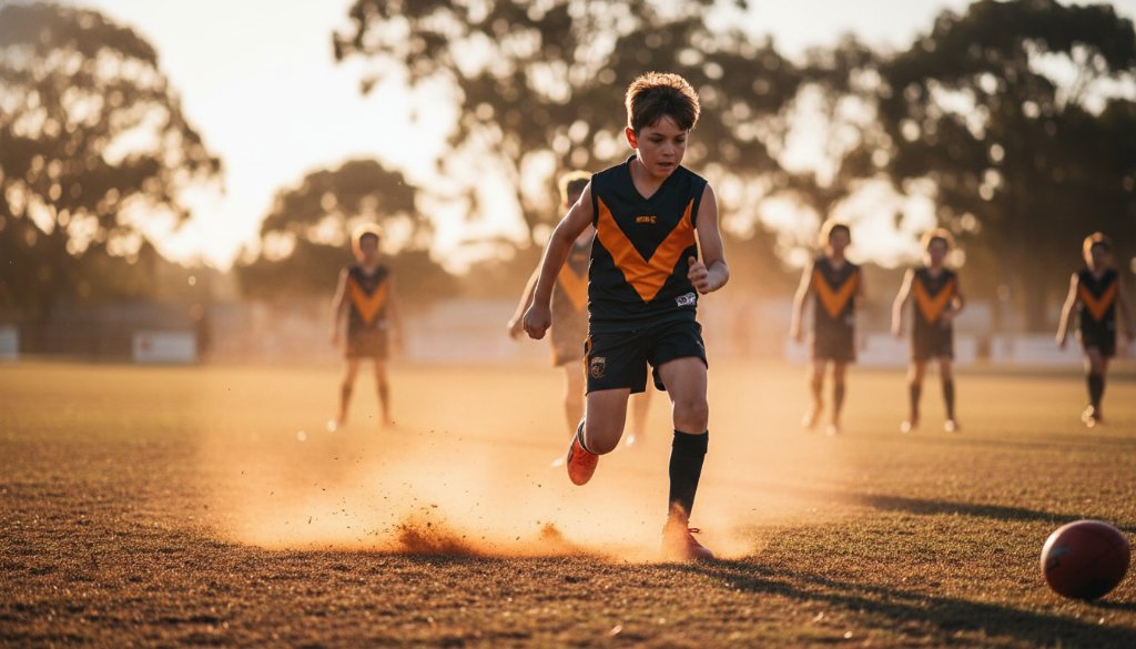 Dynamic action shot of a young athlete celebrating a goal during a junior football match in Seabrook, Victoria, showcasing expert Seabrook junior sports photography capturing peak action with dramatic lighting.