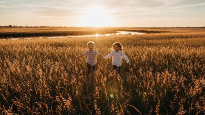 A professional photograph of three children joyfully exploring Skeleton Creek Trail in Seabrook, Victoria, with warm, golden hour light filtering through the trees, creating an epic moment of childhood wonder and adventure, captured by Seabrook kids photography outdoor adventure specialists.