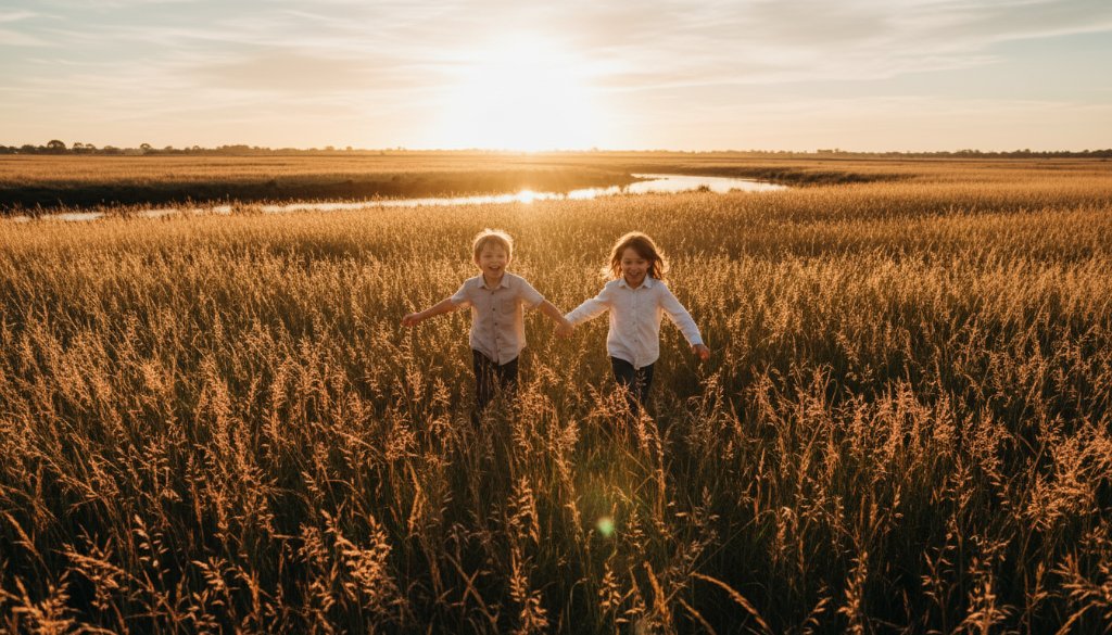 A professional photograph of three children joyfully exploring Skeleton Creek Trail in Seabrook, Victoria, with warm, golden hour light filtering through the trees, creating an epic moment of childhood wonder and adventure, captured by Seabrook kids photography outdoor adventure specialists.