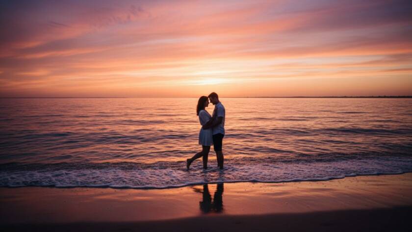 An emotionally resonant and visually stunning wide-angle photograph capturing a couple embracing during their Seabrook pre-wedding photoshoot stunning sunset Victoria, with dramatic golden hour lighting silhouetting them against a vibrant orange and purple sky over the Hobsons Bay coastline, evoking a sense of timeless romance and grandeur.