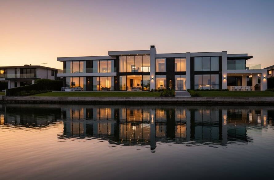 Stunning panoramic view of a modern luxury home in Seabrook, Victoria, bathed in golden hour light, showcasing the quality of Seabrook professional real estate photography, with a beautiful waterfront backdrop and lush green landscaping.