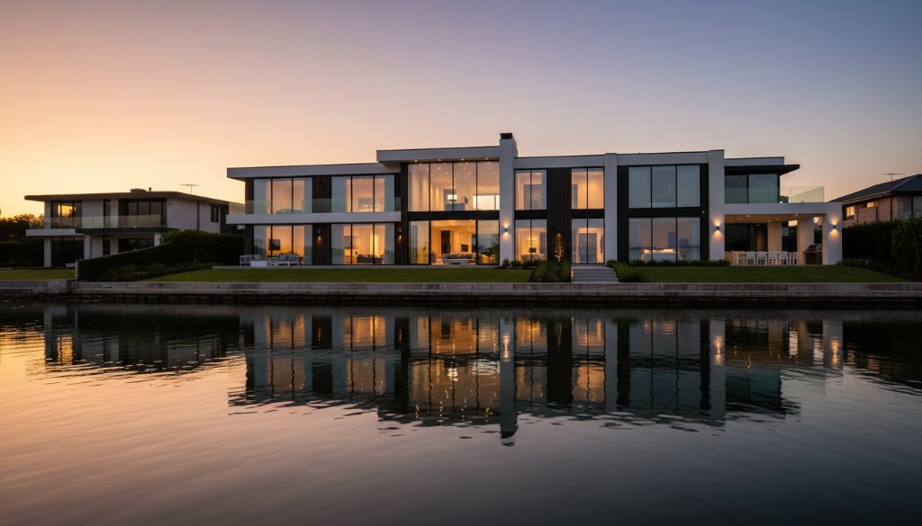 Stunning panoramic view of a modern luxury home in Seabrook, Victoria, bathed in golden hour light, showcasing the quality of Seabrook professional real estate photography, with a beautiful waterfront backdrop and lush green landscaping.