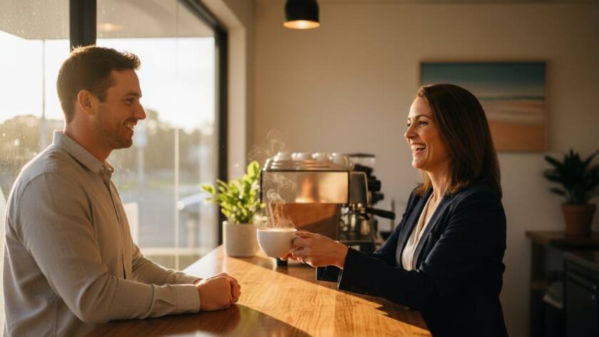 Dynamic wide-angle shot capturing professional Seabrook Victoria commercial photography for small businesses in action, showcasing a local cafe owner proudly presenting a freshly brewed coffee to a smiling customer, bathed in warm, golden hour light filtering through large windows, creating an authentic and vibrant scene.