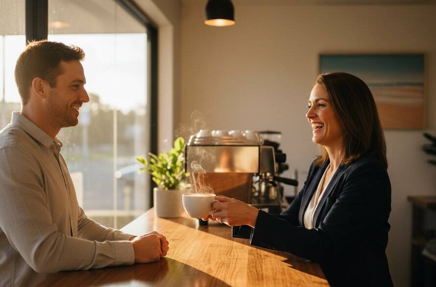 Dynamic wide-angle shot capturing professional Seabrook Victoria commercial photography for small businesses in action, showcasing a local cafe owner proudly presenting a freshly brewed coffee to a smiling customer, bathed in warm, golden hour light filtering through large windows, creating an authentic and vibrant scene.