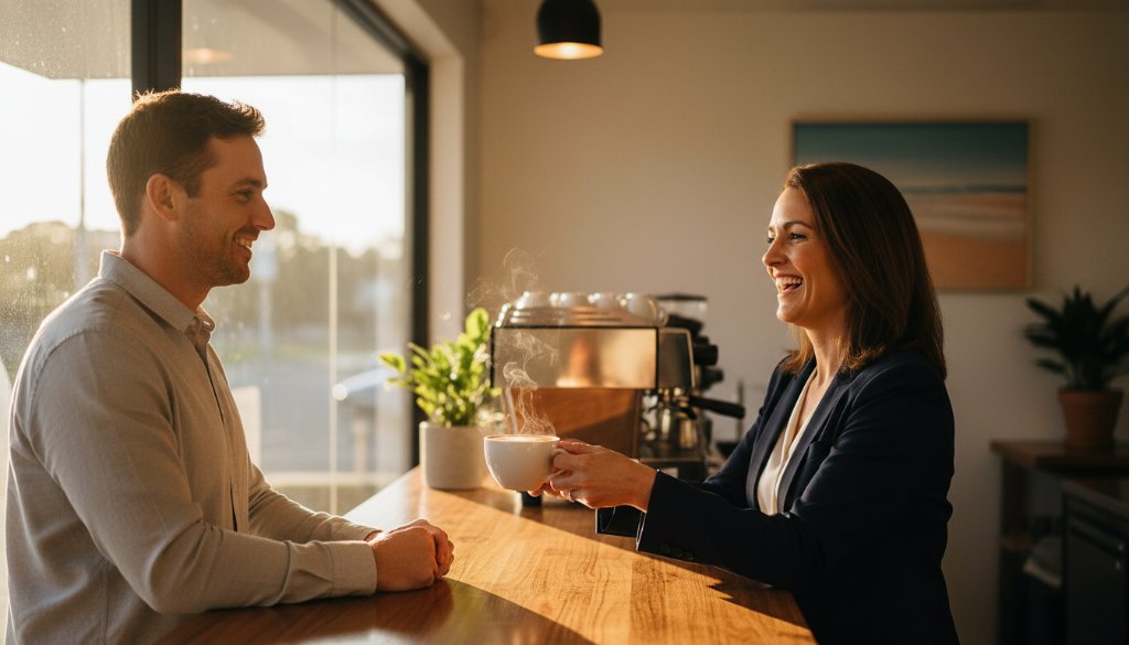 Dynamic wide-angle shot capturing professional Seabrook Victoria commercial photography for small businesses in action, showcasing a local cafe owner proudly presenting a freshly brewed coffee to a smiling customer, bathed in warm, golden hour light filtering through large windows, creating an authentic and vibrant scene.