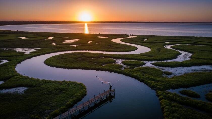 An epic drone photograph capturing the sweeping Seabrook Victoria drone photography scenic bay views at sunset, showing the vibrant colours of the estuary meeting the vast Port Phillip Bay, with boats gently moored and a family enjoying the foreshore, bathed in golden hour light, shot from a high aerial perspective.