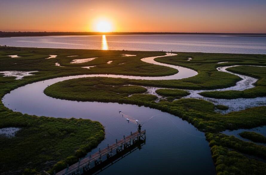 An epic drone photograph capturing the sweeping Seabrook Victoria drone photography scenic bay views at sunset, showing the vibrant colours of the estuary meeting the vast Port Phillip Bay, with boats gently moored and a family enjoying the foreshore, bathed in golden hour light, shot from a high aerial perspective.
