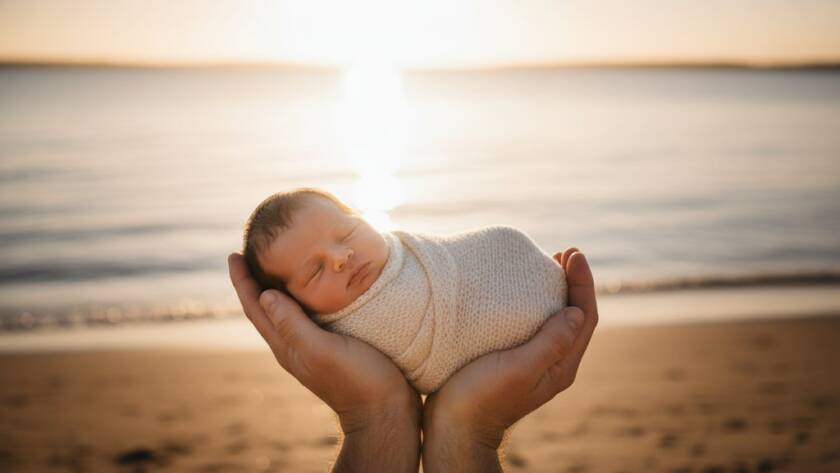 An emotive, professional portrait showcasing Seabrook Victoria gentle newborn photography, featuring a peaceful baby swaddled in soft cream fabric, held gently in a parent's hands, backlit by the soft glow of a setting sun over the Seabrook foreshore, evoking warmth and new beginnings.