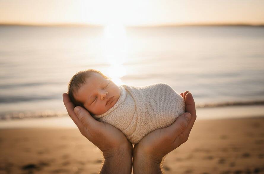 An emotive, professional portrait showcasing Seabrook Victoria gentle newborn photography, featuring a peaceful baby swaddled in soft cream fabric, held gently in a parent's hands, backlit by the soft glow of a setting sun over the Seabrook foreshore, evoking warmth and new beginnings.