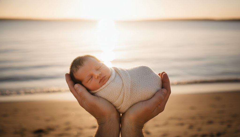 An emotive, professional portrait showcasing Seabrook Victoria gentle newborn photography, featuring a peaceful baby swaddled in soft cream fabric, held gently in a parent's hands, backlit by the soft glow of a setting sun over the Seabrook foreshore, evoking warmth and new beginnings.