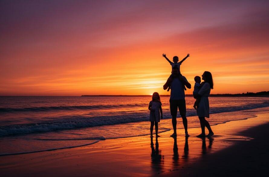 An epic moment of a family laughing joyfully during a Seabrook Victoria genuine family photoshoot, silhouetted against a dramatic sunset over the Cheetham Wetlands, showcasing their connection and the beautiful coastal light, captured with professional color grading.