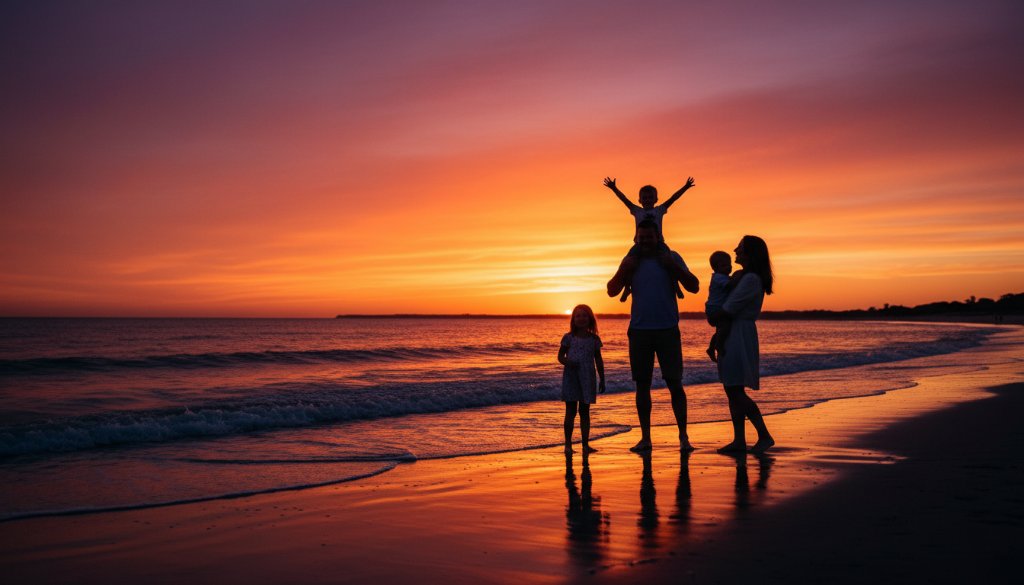 An epic moment of a family laughing joyfully during a Seabrook Victoria genuine family photoshoot, silhouetted against a dramatic sunset over the Cheetham Wetlands, showcasing their connection and the beautiful coastal light, captured with professional color grading.
