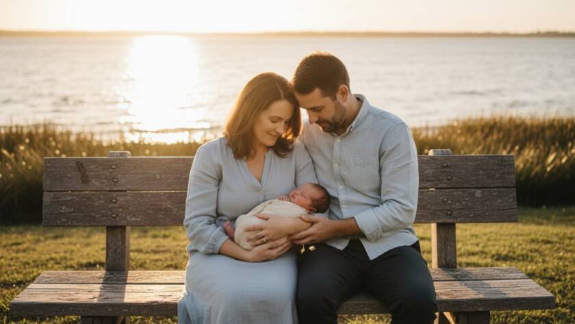 A tender, cinematic wide shot capturing Seabrook Victoria newborn photography gentle artistic sessions, showing a sleeping newborn cradled softly in a vintage wooden basket amidst a soft, sunlit field at golden hour near the Seabrook foreshore, evoking peace and new beginnings.