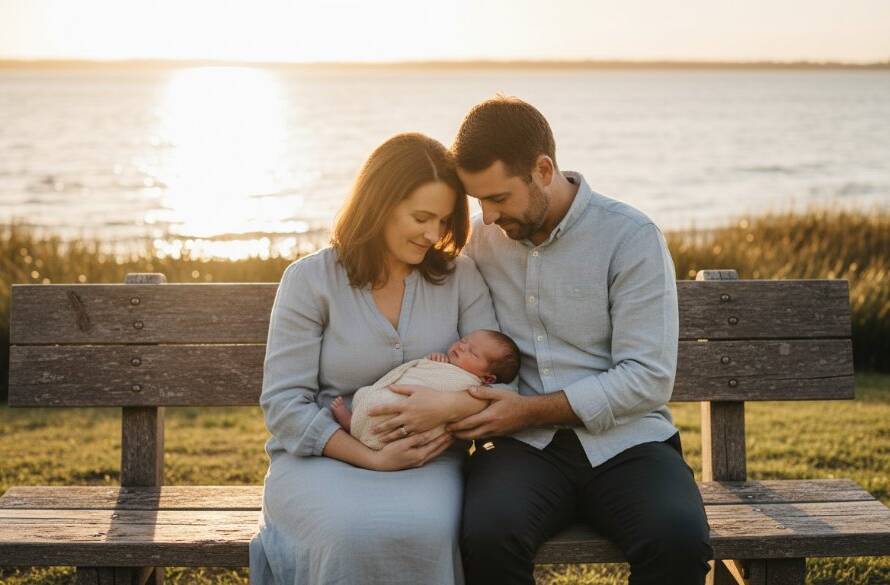 A tender, cinematic wide shot capturing Seabrook Victoria newborn photography gentle artistic sessions, showing a sleeping newborn cradled softly in a vintage wooden basket amidst a soft, sunlit field at golden hour near the Seabrook foreshore, evoking peace and new beginnings.